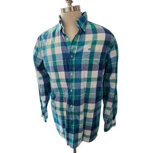 Southern Tide Men's Green Blue and White Plaid Button Down Shirt Classic Fit